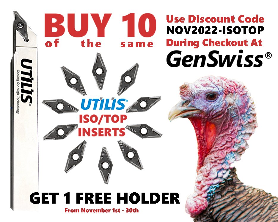 SwissType1's tweet image. The multidec® TOP series wiper&apos;s versatile cutting geometry and strong chip breaker allows for faster feeds and smooth surface finishes. Buy 10 of the same ISO or TOP inserts to get a FREE standard holder. Use code NOV2022-ISOTOP on GenSwiss.com or call 1-413-562-4800!
