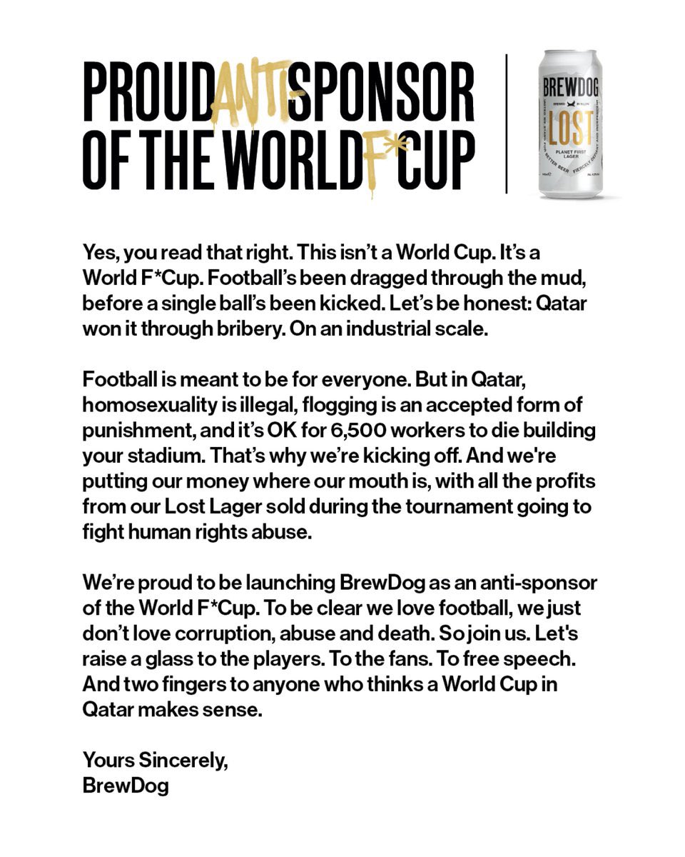 ⚽️ This week Brewdog launched a lazybranding FCUK/F*CUP boycott of the Qatar World Cup due to human rights
💰It also struck a deal to stock beer in Qatar throughout the World Cup
📺 World Cup matches are also being played in Brewdog pubs to rake in the punters
🚩🚩🚩