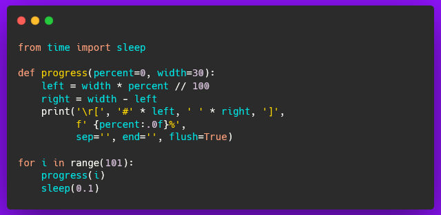 realpython's tweet image. Emulate a progress bar on the command line with a few lines of Python code.
🐍 🚀