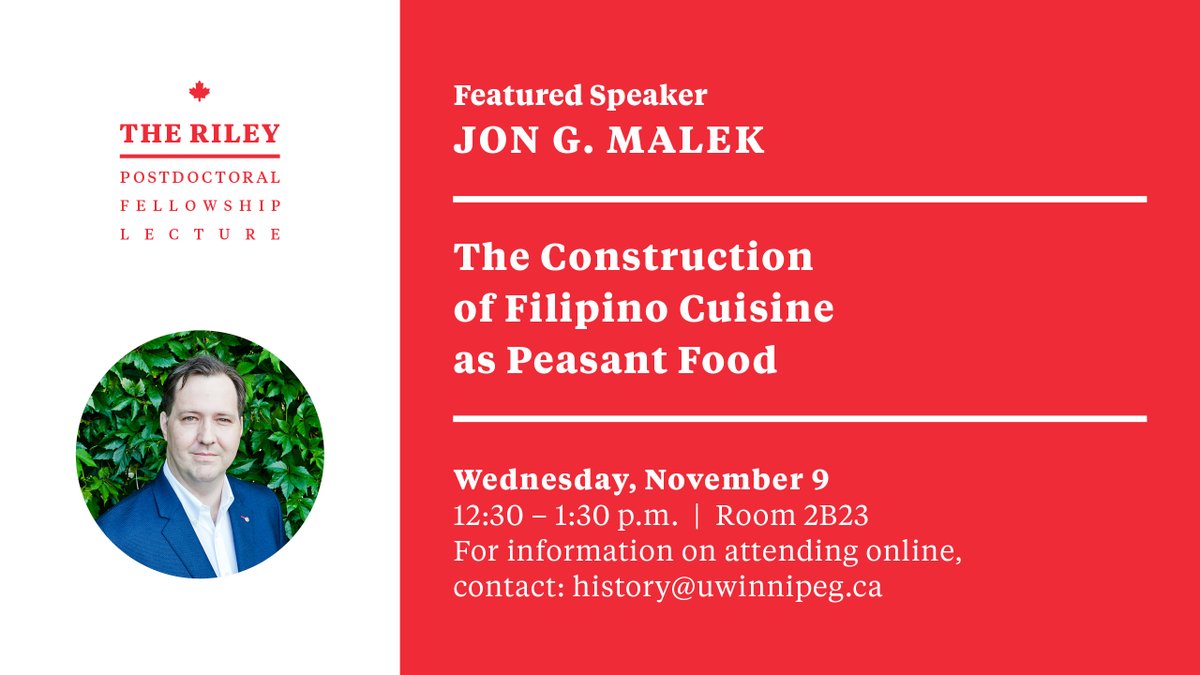 Tomorrow,<a href="/UWpgHistory/">UWpg History</a> Riley Postdoctoral Fellow @jongmalek will deliver a tasty lecture on the history of Filipino food.  The lecture is in Bryce Hall <a href="/uwinnipeg/">UWinnipeg</a> and will also be available online (see below) #cdnhist #FilipinoCanadian