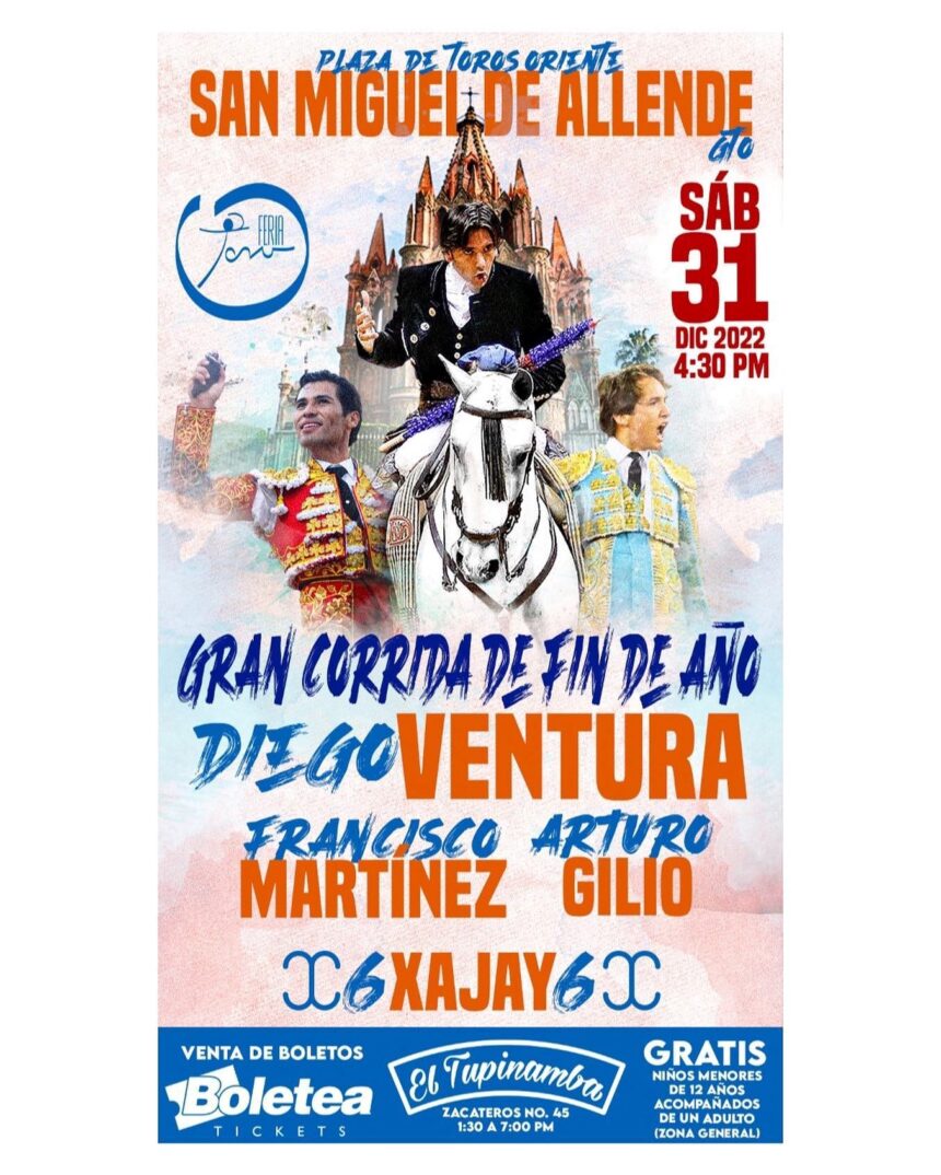El próximo sábado 31 de diciembre se celebrará en la plaza de toros de San Miguel de Allende (México) una corrida de toros mixta con motivo del fin de año.

El rejoneador Diego Ventura y los diestros Francisco Martínez y Arturo Gilio lidiarán los seis

tauromaquiasmundiales.es/corrida-mixta-…