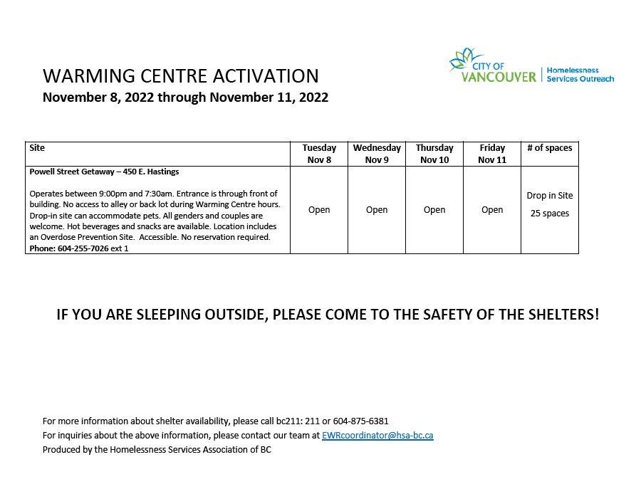 Please share: Additional shelter spaces and a warming centre are available tonight through Friday, November 11, due to an Extreme Weather Alert.

Details ⬇️