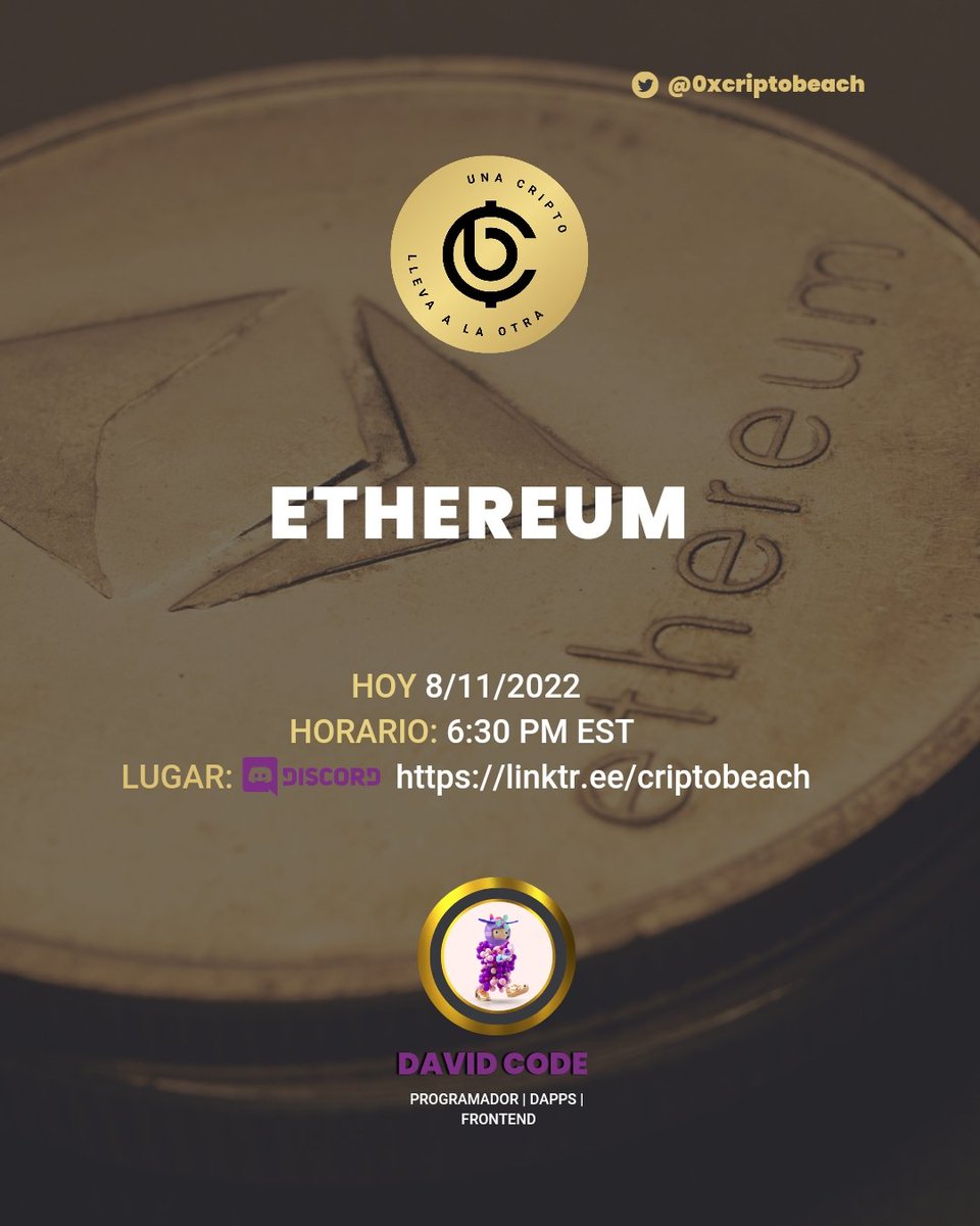 0xcriptobeach's tweet photo. 🙌🏻 Esta noche continuaremos la clase de ayer donde hablaremos sobre ETHEREUM dictada por @extasiis_ 🤩

Iniciamos a las 6:30pm EST en nuestro servidor de Discord 👉  https://t.co/jG993kNxEo

¡No te la puedes perder! 🔥🔥🔥

#Bitcoin #mundo #ETH #NFT #GRATIS https://t.co/bvvEZwIu7t