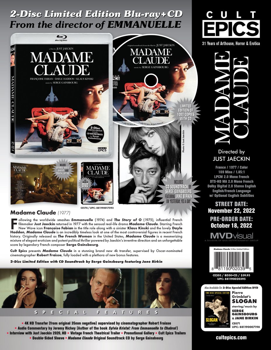 MADAME CLAUDE 2 Disc Limited edition Blu-ray of only 1000 copies with CD soundtrack out November 22, 2022 #justjaeckin #daylehaddon #sergegainsbourg #janebirkin