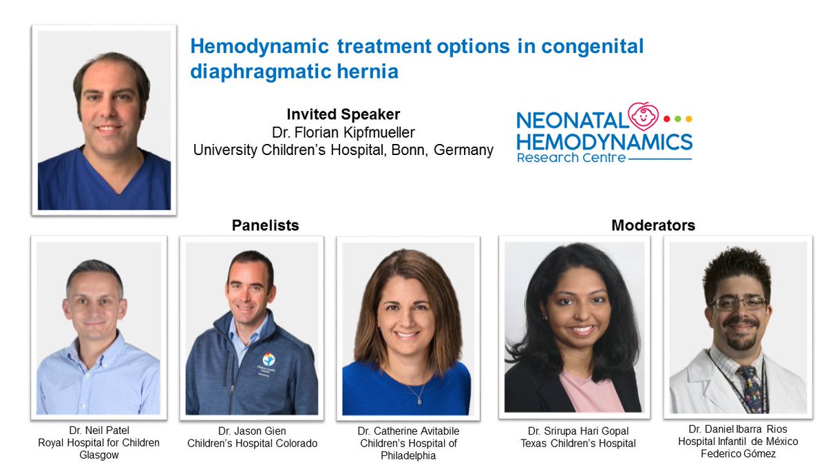 Join us on November 16th @ 2pm ET for the next NHRC Site Presentation: Hemodynamic treatment options in CDH. 
Speaker Dr. Florian Kipfmueller will be joined by panelists Drs. Neil Patel, Jason Gien &amp; Catherine Avitabile.
Register here: us02web.zoom.us/webinar/regist…
#neoTwitter #CDH