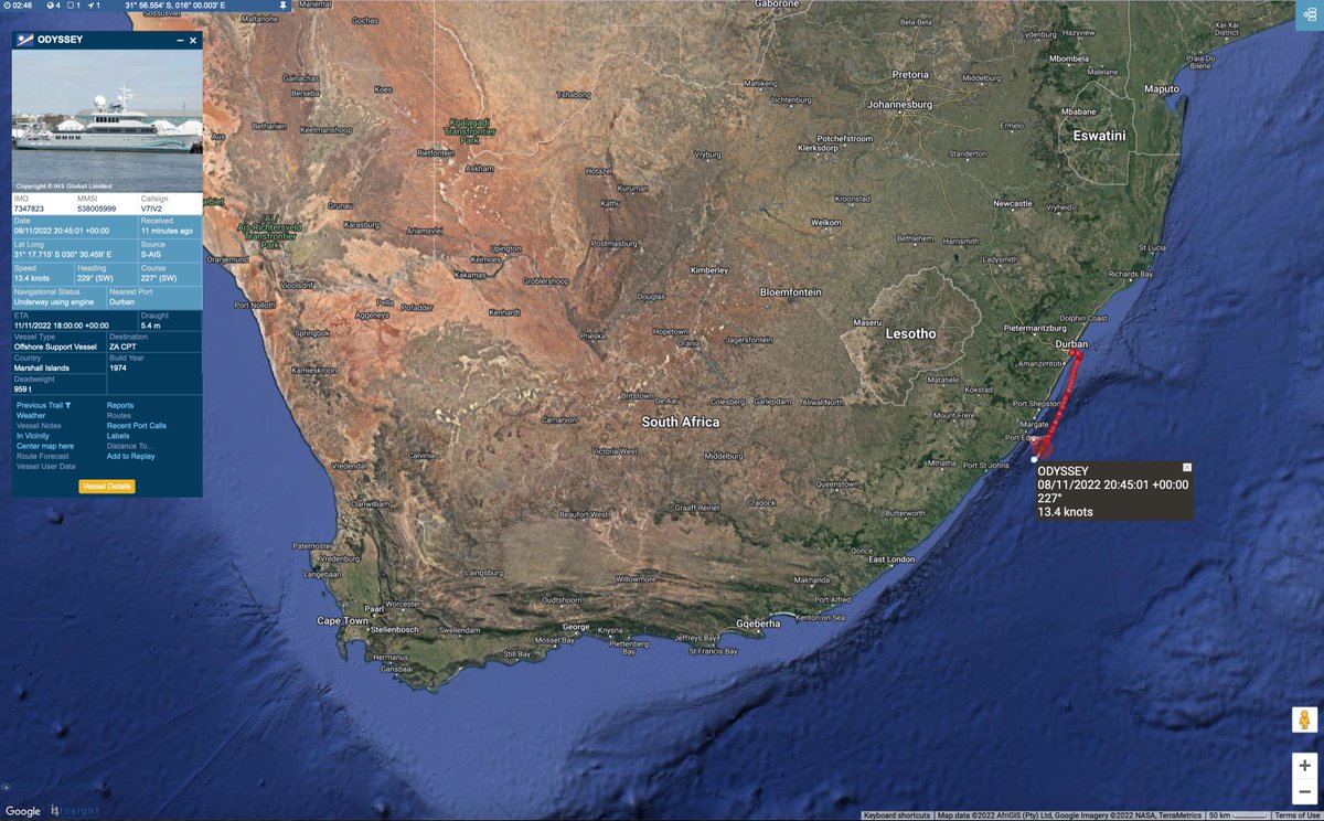 jaysguitars's tweet photo. #RevOcean Odyssey is underway from Durban with a destination of Cape Town. #vesseltracking by @BigOceanData https://t.co/8Q8yG6ilPW