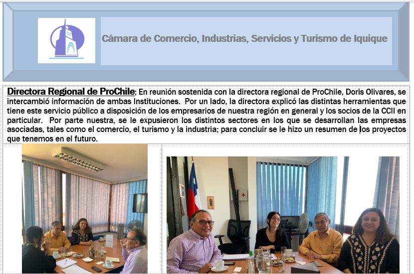 cciigremio's tweet photo. Provechosa reunión de la Cámara de Comercio, Industrias, Servicios y Turismo de Iquique con la directora regional de ProChile, Doris Olivares. Son variadas las herramientas que tiene este servicio a disposición de los socios. @ProChile https://t.co/OvUeOQINt0