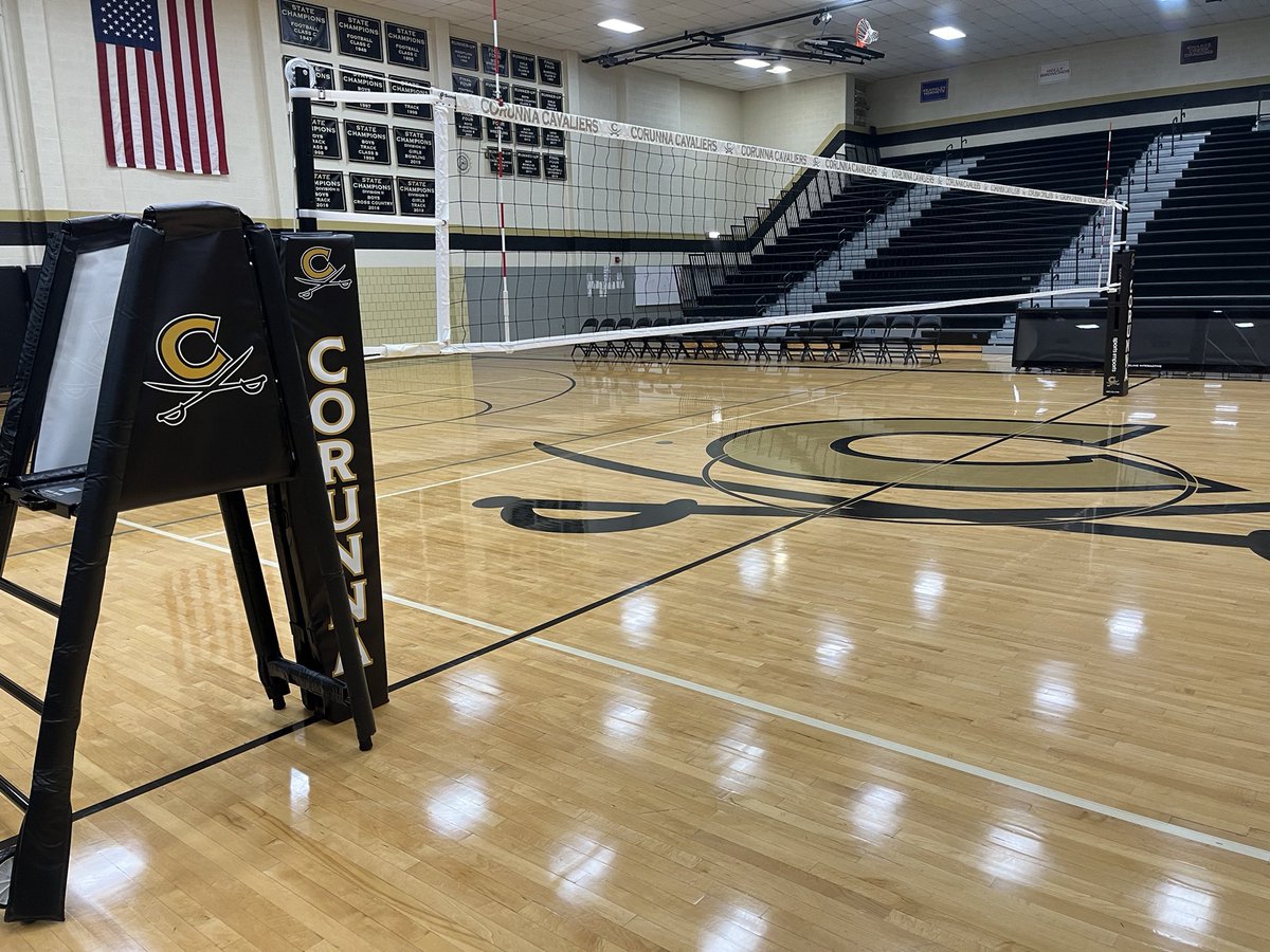 All set up and ready to go for Regionals at Corunna High School in Michigan! Loving this set up @corunnavball @cav_athletics! 🤩 #highschoolvolleyball #SportsImports #SICarbonNation