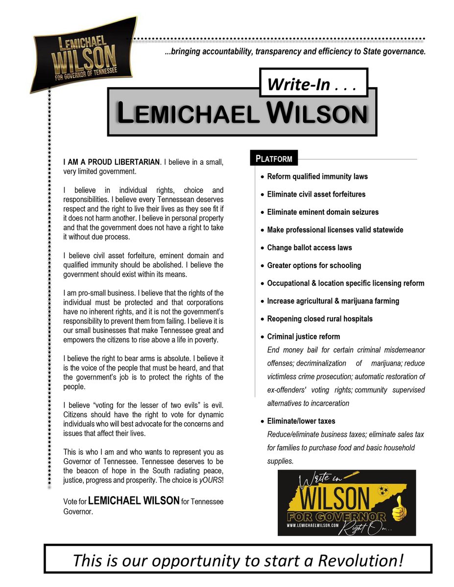 TNGovernor2026's tweet photo. …we’re just under four hours left to vote in the Tennessee elections. There’s still time to go to the polls to #BeBold #VoteBlackAndGold
Encourage EVERYONE to #WriteIn LEMICHAEL WILSON for Tennessee Governor #RightOn
#IgniteTheVote
#LightEmUp
#LPTN2022
#TheRevolution https://t.co/D0wa8k4B2K