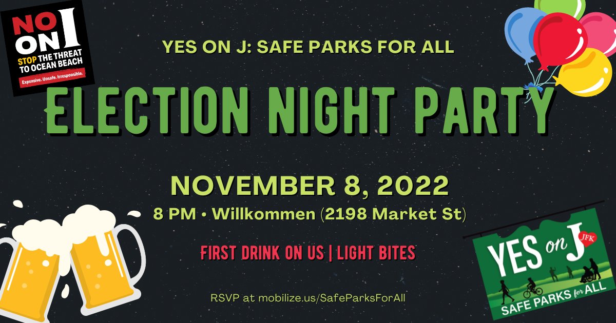 Please join us for our Yes on J Election Night Party tonight at 8PM. We'll celebrate all the hard work of our volunteers, organizers, &amp; supporting organizations. Watch the first returns come in. Kids are welcome &amp; your first drink is on us!

RSVP here: mobilize.us/safeparksforal…