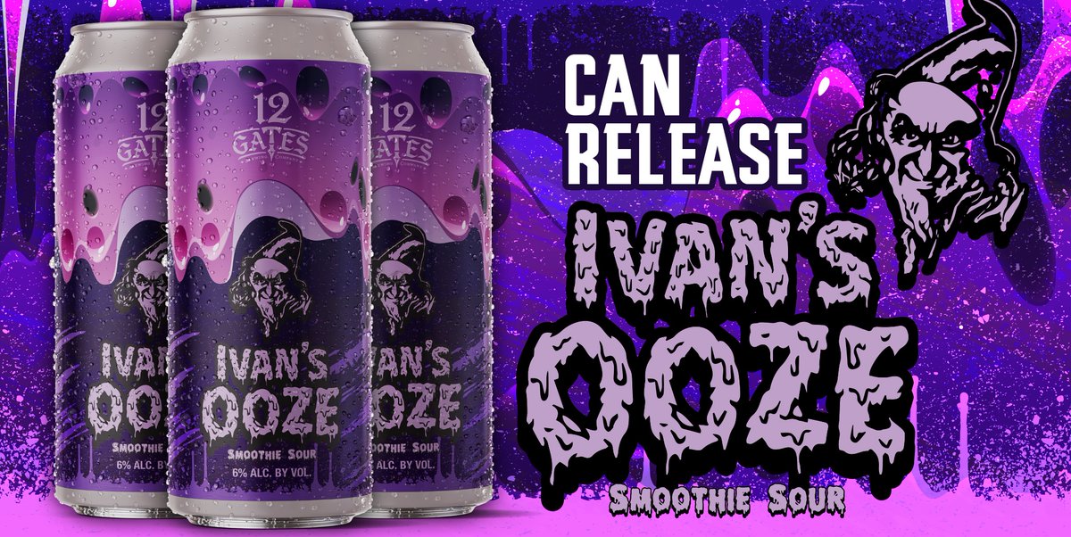 12gatesbrewing's tweet photo. Can drop this Friday!! Head to the taproom for the release of Ivan's Ooze. This 6% Smoothie Sour is packed full of Blueberry, Blackberry, Sweet Cherry, Raspberry, and Pomegranate. Available on-draft and in 16oz 4-packs to-go. https://t.co/LZkLzlyNKe #buffalocal https://t.co/36ePZE6Z4S