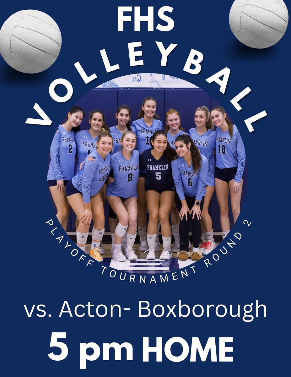 Come out and support <a href="/fhspanthervball/">FHS Volleyball</a> tomorrow as they take on Acton-Boxborough in Round 2 of the playoffs! 

Let’s go! 🏐🎉🏐🎉

<a href="/FHSSports/">FranklinAthletics</a> <a href="/RattleCity/">Rattle City ™</a>