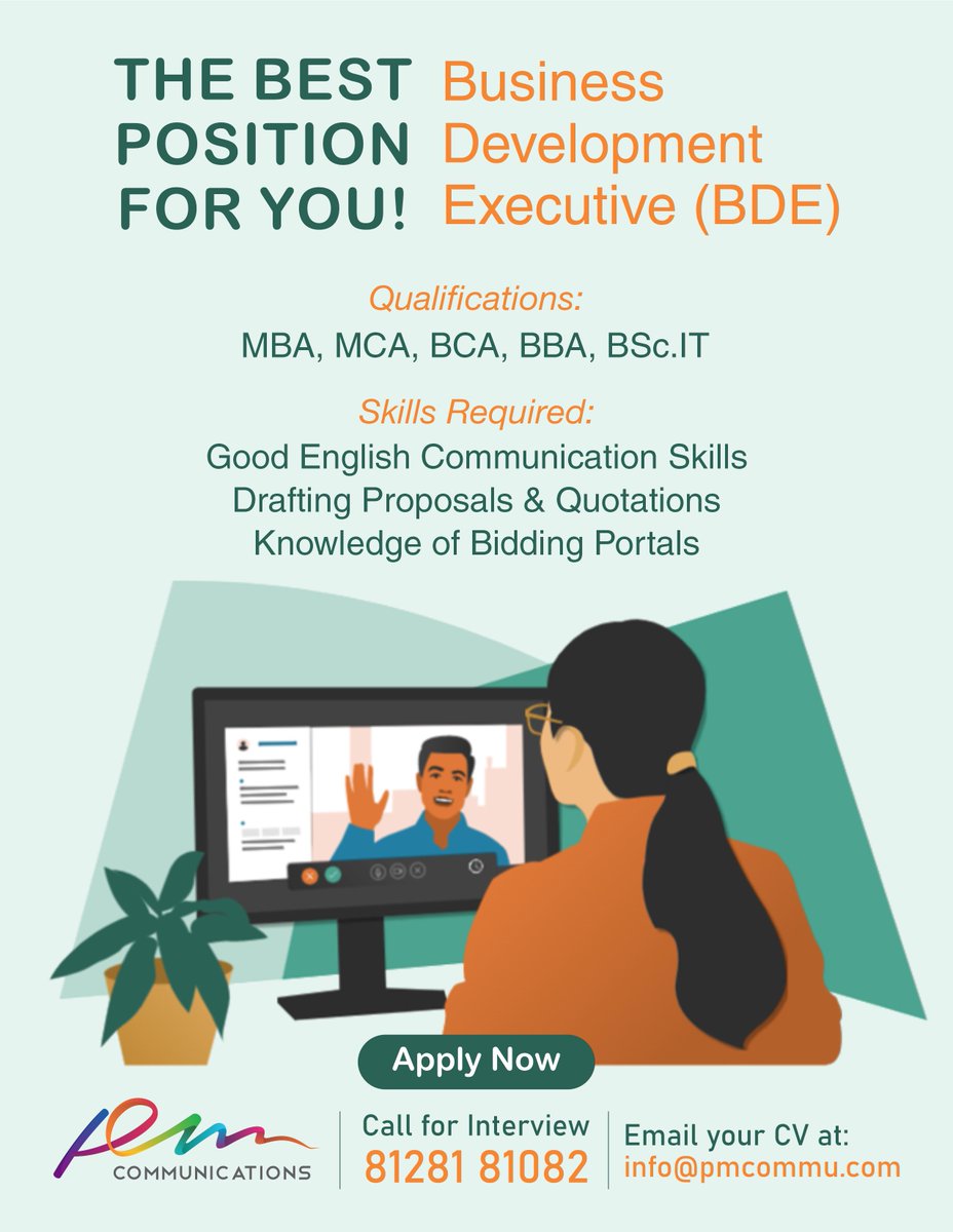 pmcommu's tweet photo. THE BEST POSITION FOR YOU! 👔
Business Development Executive (BDE) 💻

Qualifications: 
MBA, MCA, BCA, BBA, https://t.co/bHWPOg45EH.

Skills Required:
Good English Communication Skills
Drafting Proposals &amp; Quotations
Knowledge of Bidding Portals

Call for Interview: 8128181082 https://t.co/WafLCFESFf