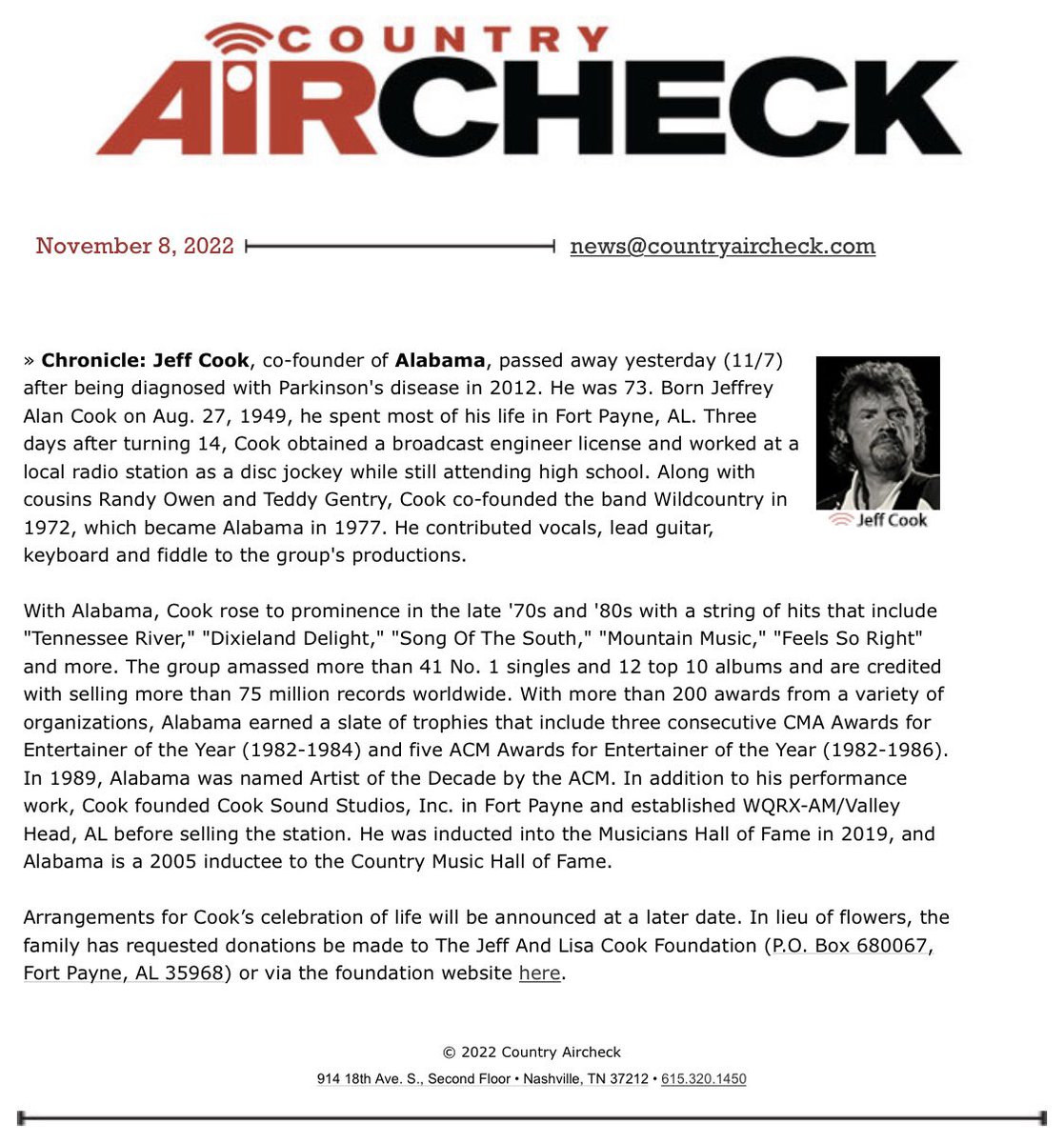 #BreakingNews: <a href="/countrymusichof/">Country Music Hall of Fame and Museum</a> member Jeff Cook of <a href="/TheAlabamaBand/">ALABAMA</a> has passed away at the age of 73. More here:

t.e2ma.net/message/8nz13u…

#CountryMusic #Nashville #CMAAwards #Chronicle