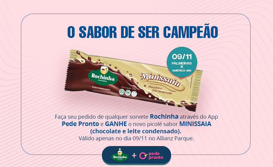 nubankparque's tweet photo. Faça seu pedido de qualquer sorvete Rochinha através do App Pede Pronto e GANHE o novo picolé sabor MINISSAIA!
Aproveita que é só hoje!
Garanta já o seu ➡️ https://t.co/HzoWr9AxWM
#AllianzParque #SorvetesRochinha #PedePronto https://t.co/ovPtGX3jES
