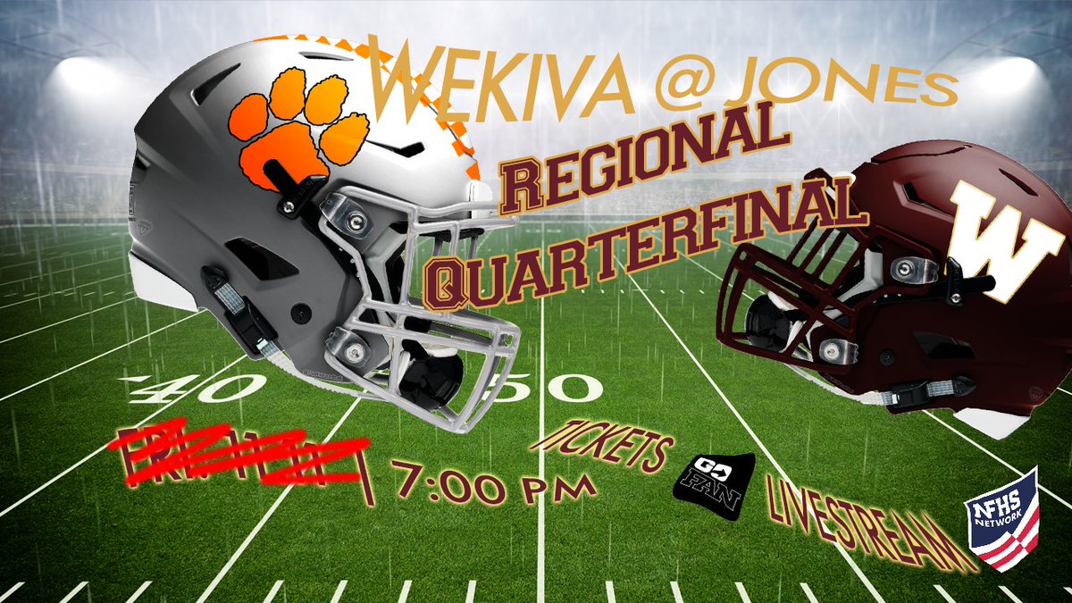 Wekiva Athletics (@wekivasports) on Twitter photo 🌀Due to OCPS's decision to cancel after-school activities Wed through Fri, <a href="/WekivaFootball/">Wekiva Football</a> @ <a href="/JonesHSFootball/">Jones Tigers Football</a> will be postponed for the <a href="/FHSAA/">FHSAA</a> 3M Regional Quarterfinal. Our ADs are meeting this evening and we hope to share an update soon. <a href="/osvarsity/">Sentinel Varsity</a> <a href="/ApopkaJohn/">John Peery</a> <a href="/FlaHSFootball/">FloridaHSFootball.com</a> 🌀Due to OCPS's decision to cancel after-school activities Wed through Fri, <a href="/WekivaFootball/">Wekiva Football</a> @ <a href="/JonesHSFootball/">Jones Tigers Football</a> will be postponed for the <a href="/FHSAA/">FHSAA</a> 3M Regional Quarterfinal. Our ADs are meeting this evening and we hope to share an update soon. <a href="/osvarsity/">Sentinel Varsity</a> <a href="/ApopkaJohn/">John Peery</a> <a href="/FlaHSFootball/">FloridaHSFootball.com</a>