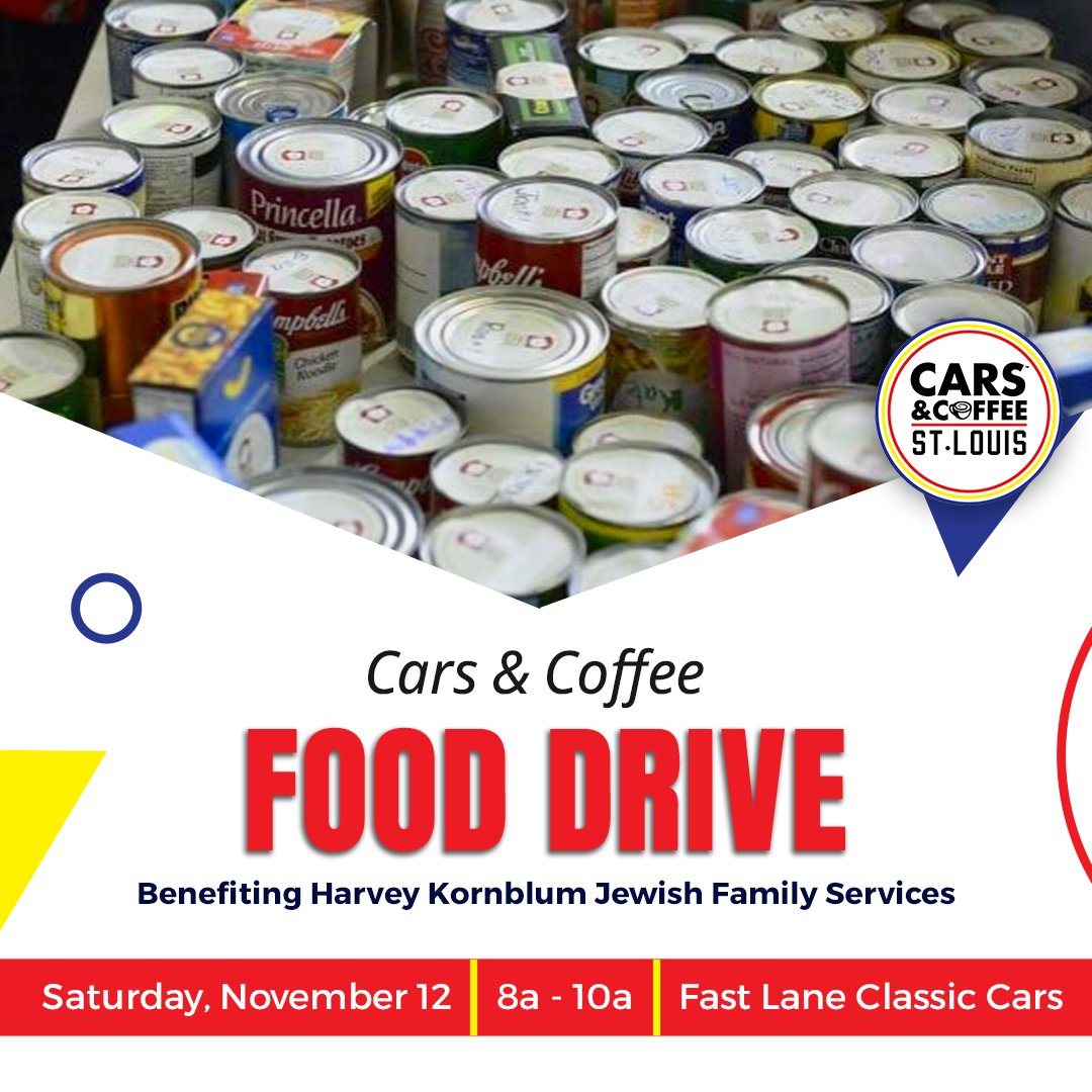 FastLaneSTL's tweet photo. FREE event! Join @carsandcoffeestl in supporting the Harvey Kornblum Jewish Food Pantry. Bring a canned good to the donations drop off table by the gift shop!

@SouthernGrace_3 will be on site for coffee, tea, hot chocolate, espresso, and more!

#carsandcoffee #fooddrive #carshow https://t.co/5RgG9Kdyt5