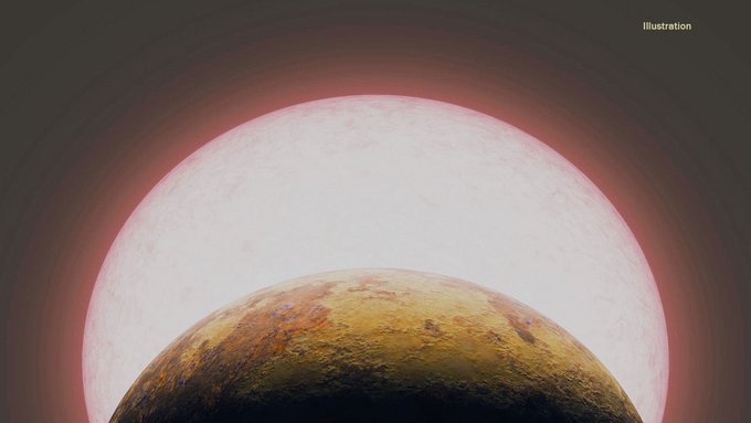 Illustration of the top portion of a rocky "super-Earth" in the foreground, orbiting its star so tightly that the star itself looms behind and above the planet in a bright crescent, the star's reddish corona visible. TOI-1075 b is one of the most massive super-Earths so far detected. Credit: NASA/JPL-Caltech