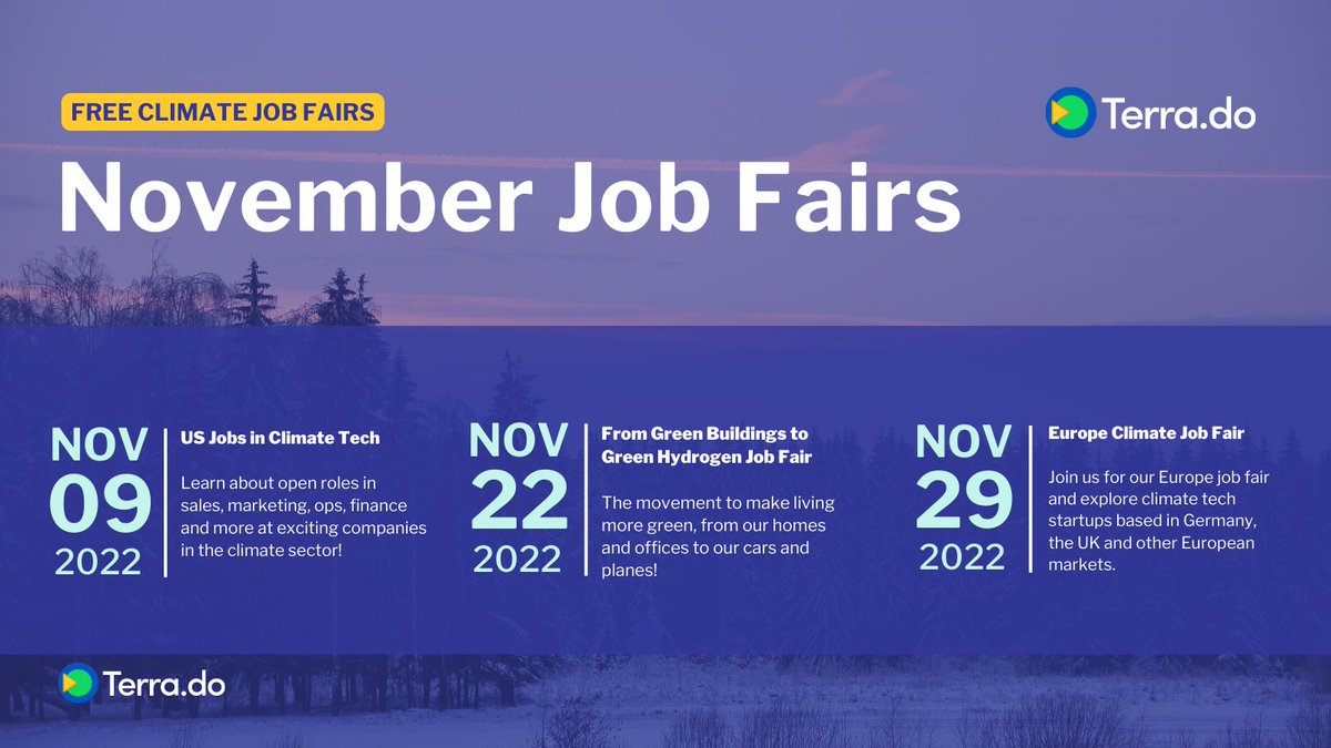 📆 Looking for #jobs? Check out our weekly #jobfairs and jobs board (online and completely free) bit.ly/3zWXliD
We currently have over 100+ rising #climatetech companies with 1500+ roles across industries and functions.
