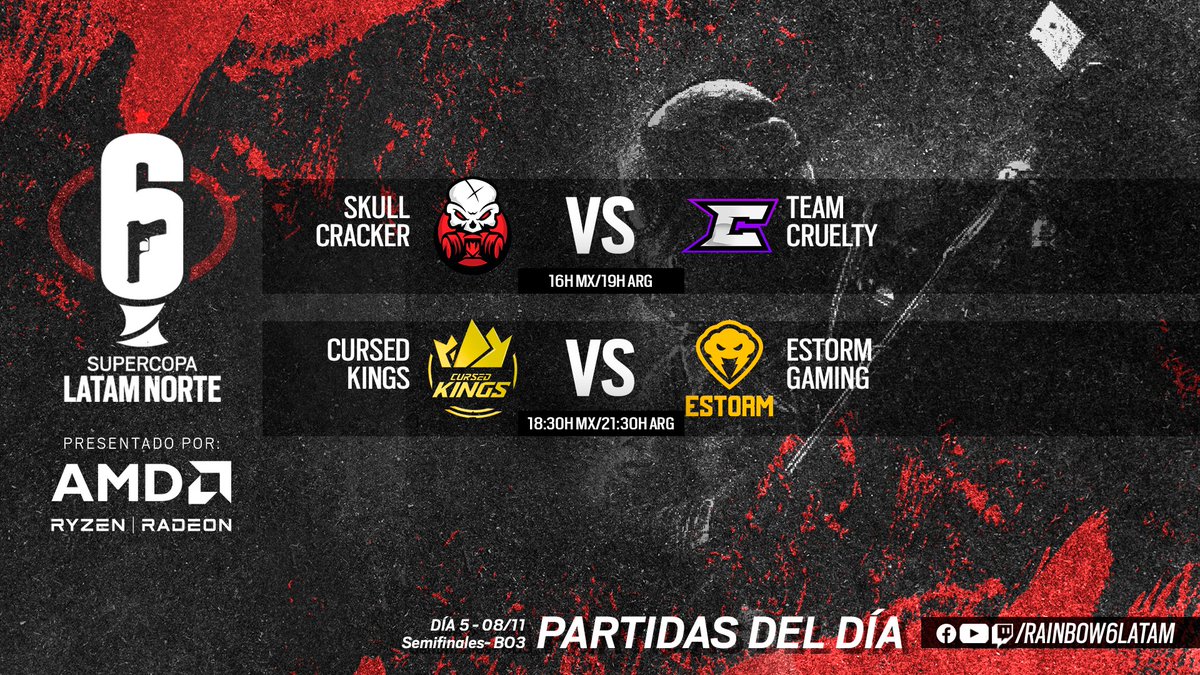 R6esportsES's tweet photo. Las semifinales llegan a #CopaNorteR6 🤠 
Comenzamos a las ⏰ 16H 🇲🇽/ 19H🇦🇷

@Skullcrackerec 🆚 @eTeamCruelty
@CursedKings_ 🆚 @ESTORM_GG 

¿Estás listo para los enfrentamientos que nos tendrán al borde el asiento? https://t.co/EeNOvLPc1a