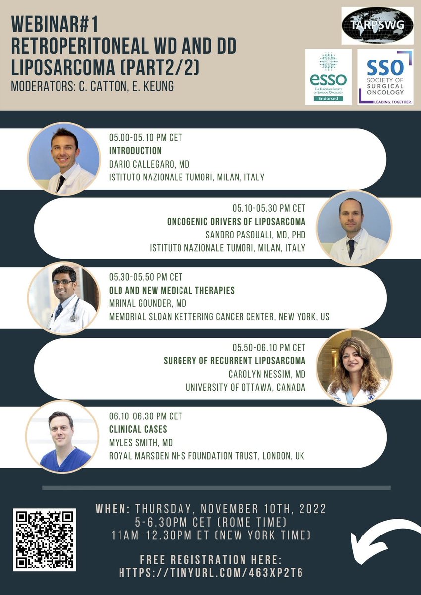 Less than 7days to #CTOS2022 in #Vancouver with a #nottobemissed session on #retroperitoneal #sarcoma❗️
Warm-up with the second @tarpswg <a href="/educational/">educational</a> webinar on WD and DD #liposarcoma on Thursday, free registration here: tinyurl.com/463XP2T6
#CTOSTweeTOS <a href="/SocSurgOnc/">Society of Surgical Oncology</a> <a href="/ESSOnews/">European Society of Surgical Oncology (ESSO)</a>