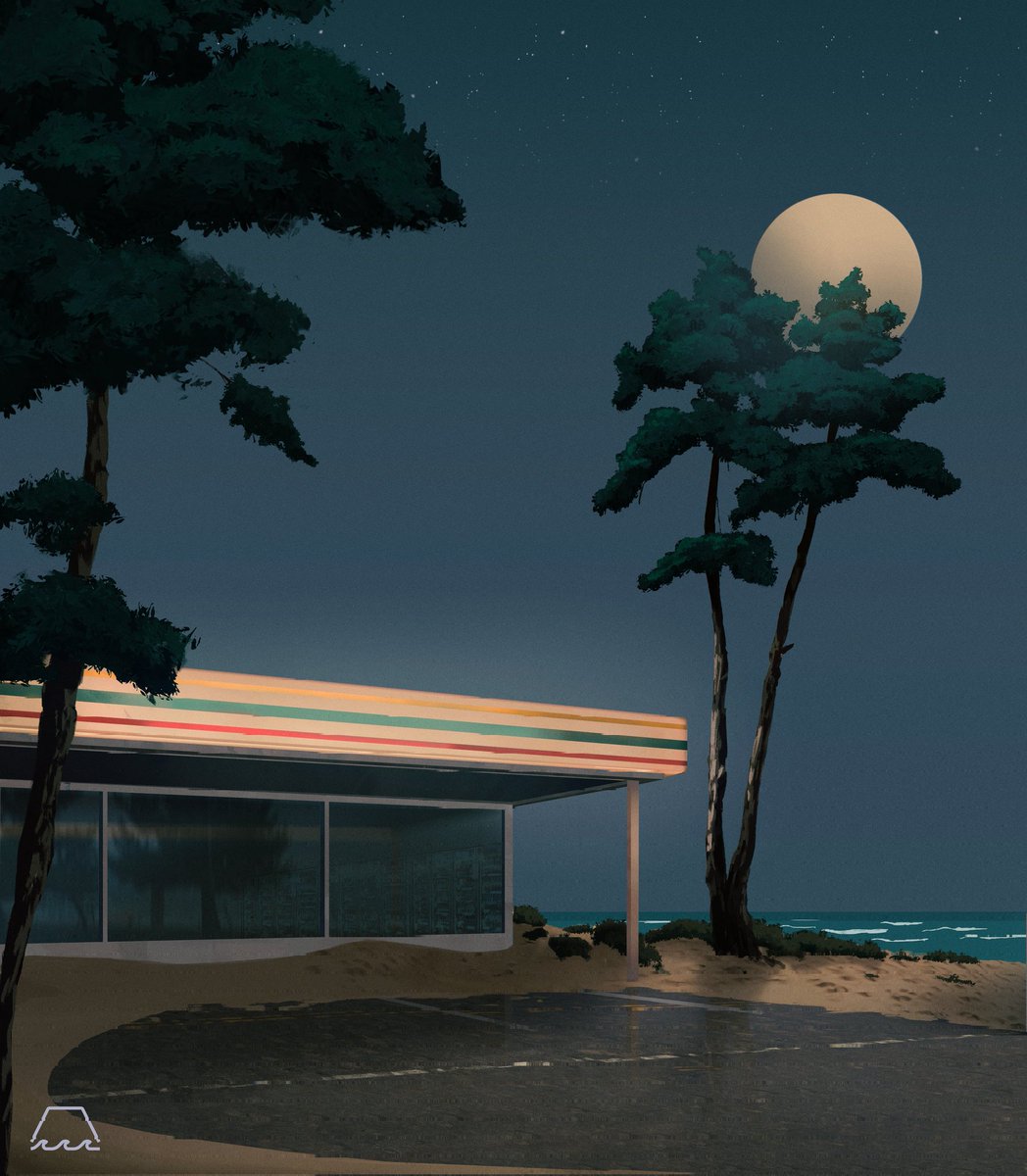 dutchtide's tweet photo. The soft buzzing of a 7-11 light while the moon shines through the trees and the sound of the sea whispers in your ears. 

Some unreleased art. Hope you like the tacky description and that it relaxes you a little. https://t.co/2uX0dR9Xxx