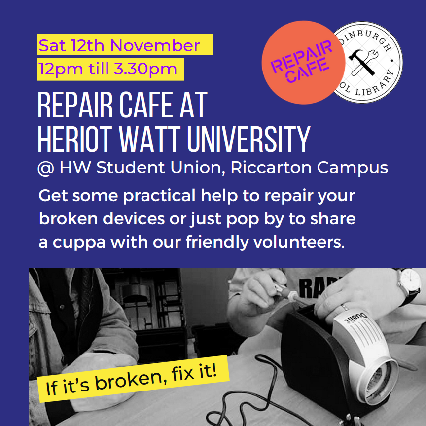 We're popping up this Saturday afternoon at Heriot Watt campus, giving free advice and guidance to help you fix your broken items, as part of @HWUnion Sustainability Week! 12pm-3pm. For more info: linktr.ee/repaircafeedin… #repaircafe