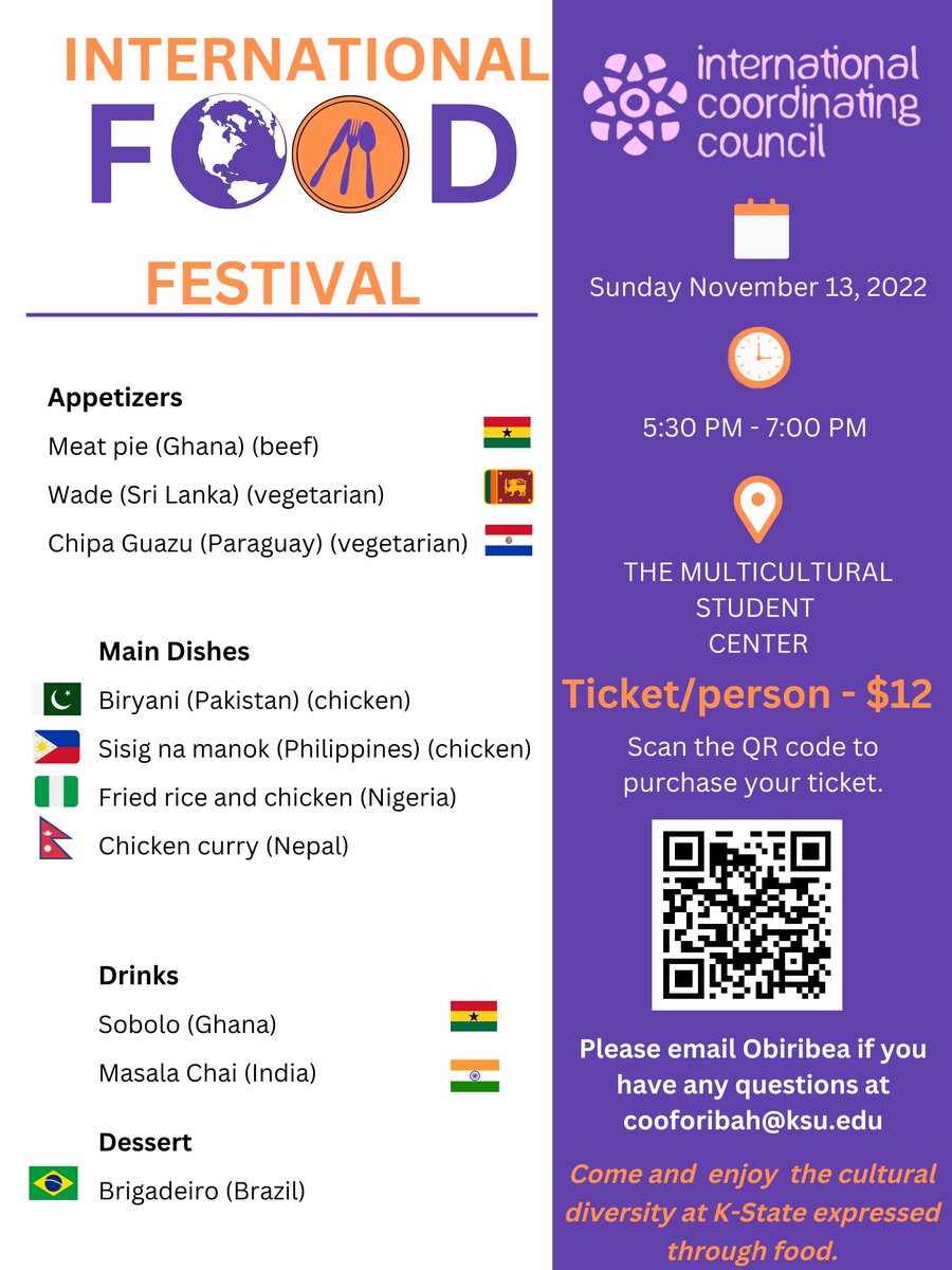 KSU_OIP's tweet photo. Kansas State University international education week has started - Nov 3-18 2022. All welcome to buy tickets for the ICC International Food Festival Nov. 13, 5 pm, Multicultural Center #KStateIEW2022 #KStateOIP #KStateICC @GlobalChapman @marcelluscaldas @kstateicc @kstateISSS https://t.co/VTXGRWIZYG