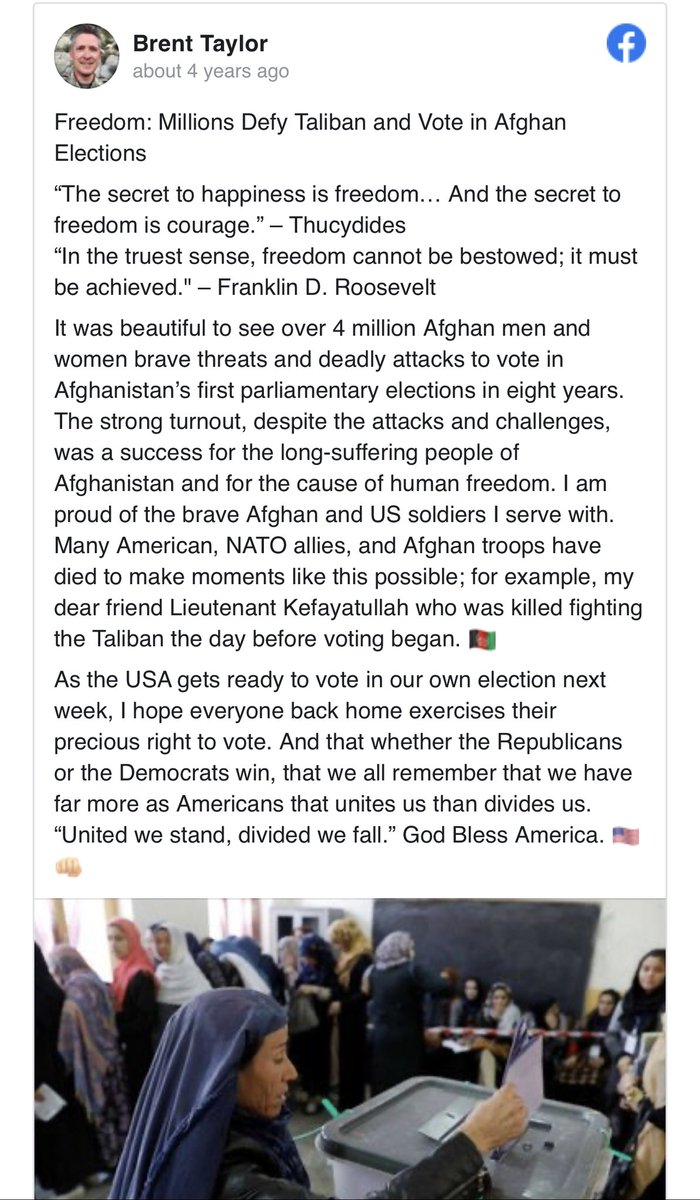 Anytime I think about voting in the United States, I think about what <a href="/USArmy/">U.S. Army</a> Maj. Brent Taylor wrote on Facebook just before he was killed on his fourth deployment to Afghanistan, leaving behind his wife, Jennie ( <a href="/mrsbrenttaylor/">Jennie Taylor</a> ) and their seven children. #ElectionDay