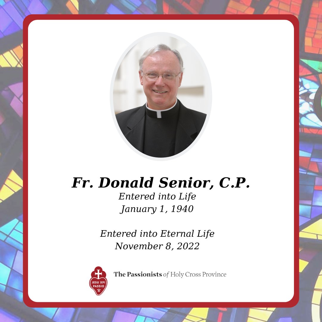 HolyProvince's tweet photo. With a heavy heart, I inform you that Fr. Don Senior, C.P. passed away this afternoon. Let us remember Don, his family &amp; our Passionist Family in prayer. Funeral information will follow in the coming days. May Don rest in peace.

God bless, 
Joe Moons
C.P.Provincial Superior https://t.co/XZrpO7GrYr