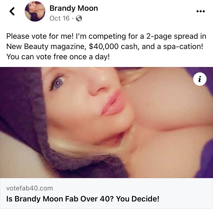 SteveMedici9's tweet photo. #ElectionDay #Vote 
😉😏😘❤️👰🏼‍♀️💍 
Click on the link and Vote for Brandy! @Brandy__moon #VoteFab40 
https://t.co/SAGPMMzyUy 
https://t.co/619yjWykJf My Wife is trying to win this competition! https://t.co/2U0Vbd4uY3