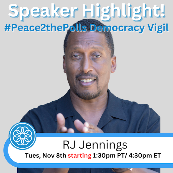 PeaceAlliance's tweet photo. RJ Jennings is sharing his story now to illustrate how his ancestor's journey has landed him where he is. #Peace2thePolls Democracy Vigil. Link in the bio https://t.co/0lOx6aU81v