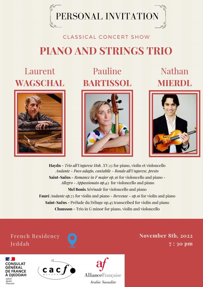 corm_kammoun's tweet photo. Concert époustouflant ce soir à la Résidence avec le trio Laurent Wagschal, Pauline Bartissol et Nathan Mierdl. Chausson, Fauré, St-Saens, Bonis : la musique française était à l'honneur !
@FranceaDjeddah
@FranceinKSA https://t.co/TdL265mzeA