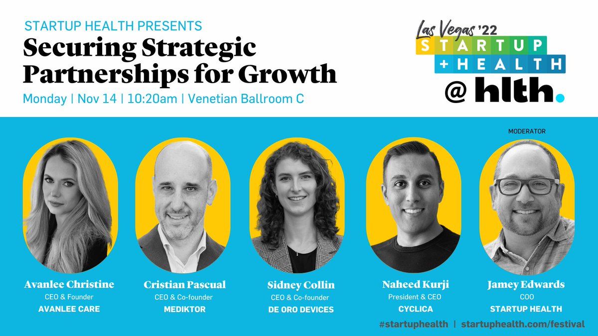 All I have to say is woah! This years #StartUpHealth Festival @ <a href="/HLTHEVENT/">HLTH</a> is going to be electric. Join me &amp; other great founders as we get tactical on securing the right #healthcare #strategicpartnerships!
<a href="/AvanleeCare/">Avanlee Care</a> <a href="/Mediktor/">Mediktor</a> <a href="/deorodevices/">De Oro Devices</a> <a href="/Cyclica/">Cyclica</a> 

#HLTH2022 #DigitalHealth