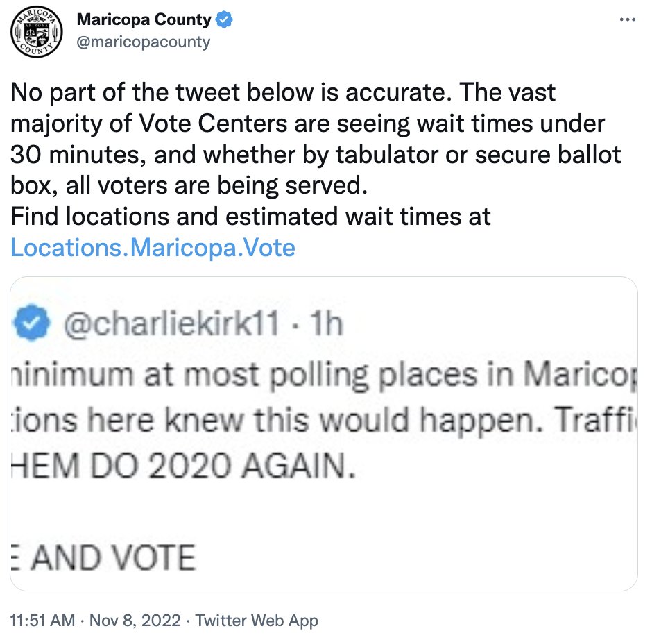 @charliekirk11 Republicans are in charge of Maricopa County elections. Four of the five members of the Maricopa County Board of Supervisors are Republicans. The County Recorder is also Republican. Oh, and Maricopa County just called you a liar.