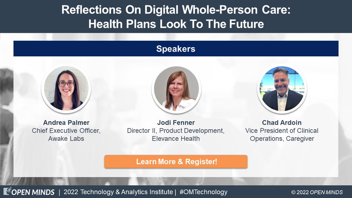 openmindscircle's tweet photo. We are about to hear from Andrea Palmer from @AwakeLabs, Jodi Fenner from @ElevanceHealth, and Chad Ardoin from Caregiver during the session “Reflections On Digital Whole-Person Care: Health Plans Look To The Future.” #OMTechnology https://t.co/1XxLjTsMOf https://t.co/zxdI9bMdqe