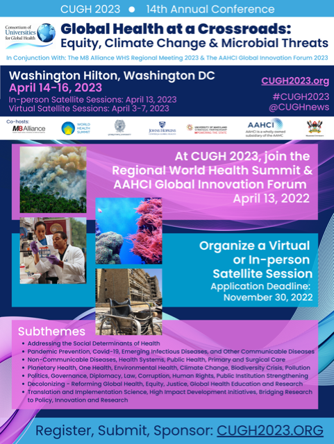 StanfordCIGH's tweet photo. Registration is ongoing for the @CUGHNews annual conference happening in April 2023! The conference, Global Health at a Crossroads, will focus on equity, climate change and microbial threats:

https://t.co/B7ofykGlgC https://t.co/X8Bm1wGrxW