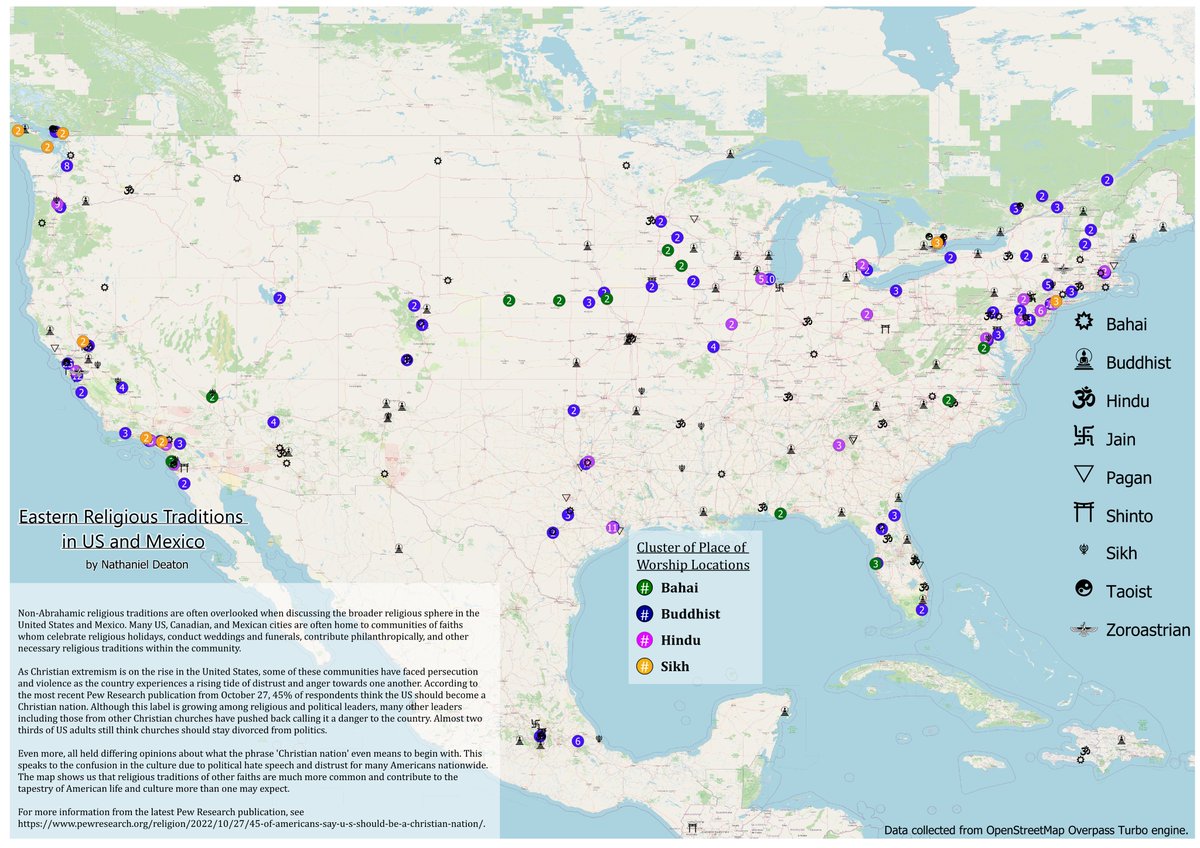NateSuggestions's tweet photo. Day 8: Open street map data!

Nothing better than crowdsourced data. Made a search for places of worship excluding Abrahamic traditions. This map showcases eastern religious traditions and their places of worship in North America. 
#30daymapchallenge #gis #gismapping https://t.co/J56z5T0fcj
