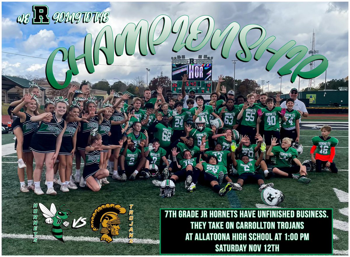 GaryCook (@gary__cook) on Twitter photo Big game this Saturday! Come out and support the 7th Grade Jr. Hornets.
<a href="/CoachJason10/">Jason Weatherford</a> <a href="/caprewett/">Chris Prewett</a> <a href="/roswellsports/">Roswell Athletics</a> <a href="/RoswellHornets/">Roswell Football</a> #LL5 Big game this Saturday! Come out and support the 7th Grade Jr. Hornets.
<a href="/CoachJason10/">Jason Weatherford</a> <a href="/caprewett/">Chris Prewett</a> <a href="/roswellsports/">Roswell Athletics</a> <a href="/RoswellHornets/">Roswell Football</a> #LL5