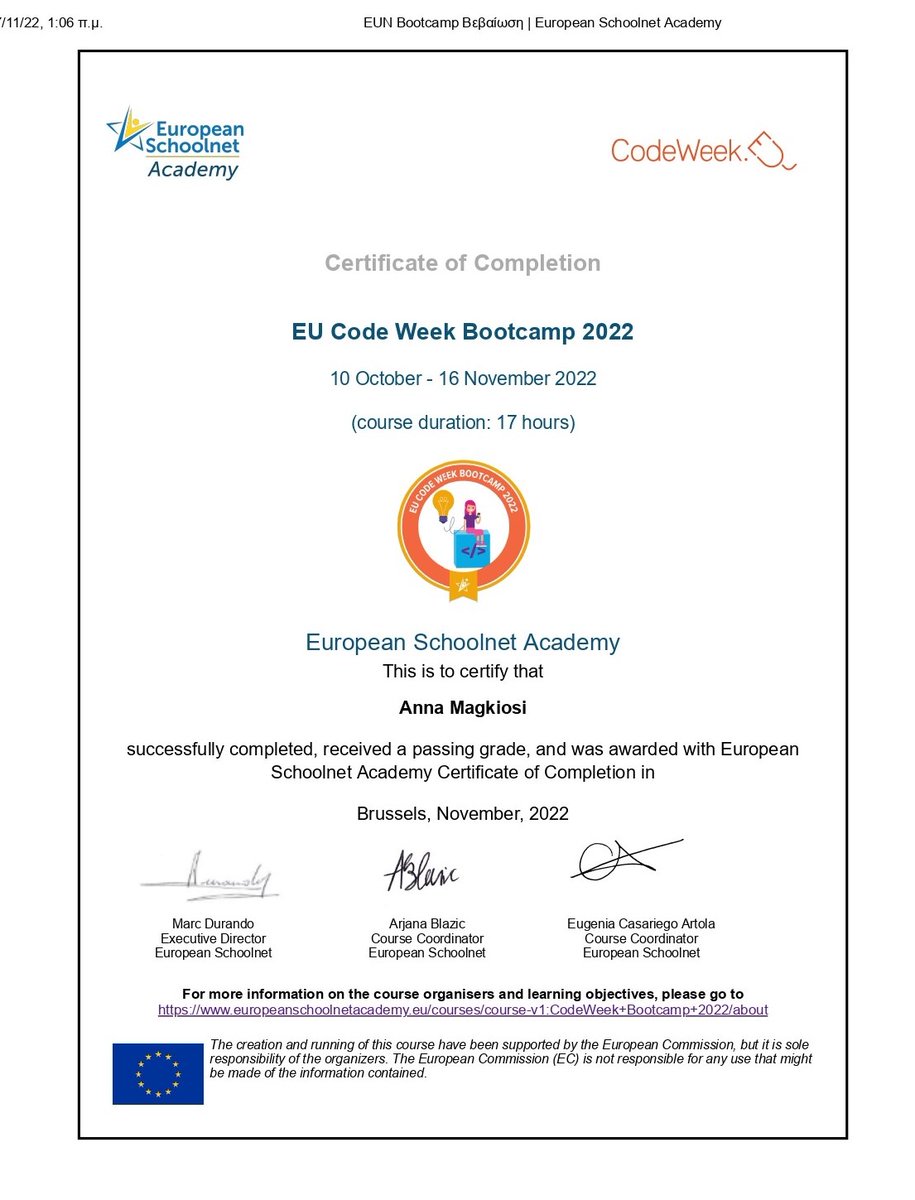 annmagiosi's tweet image. Proud to have participated and completed an excellent #CodeWeekBootcamp MOOC with
@eu_schoolnet
I learnt how to integrate coding, programming, and computational thinking into my teaching to enhance Ss learning experience.
Thanks to @abfromz @eugenia_eu @tommaso_eun
@AnnikaOP