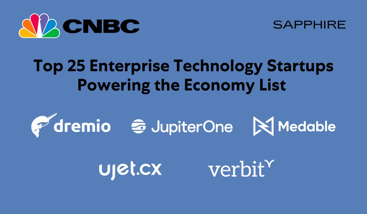 A big congratulations to Sapphire Portfolio Companies <a href="/dremio/">Dremio</a>, <a href="/jupiterone/">JupiterOne</a>, <a href="/medableinc/">Medable</a>, <a href="/ujetcx/">ujet.cx</a>, <a href="/Verbit_/">Verbit</a> for being featured in <a href="/CNBC/">CNBC</a>'s Top 25 Enterprise Technology Startups Powering the Economy List!! 👏👏 💫 cnb.cx/3DREsib