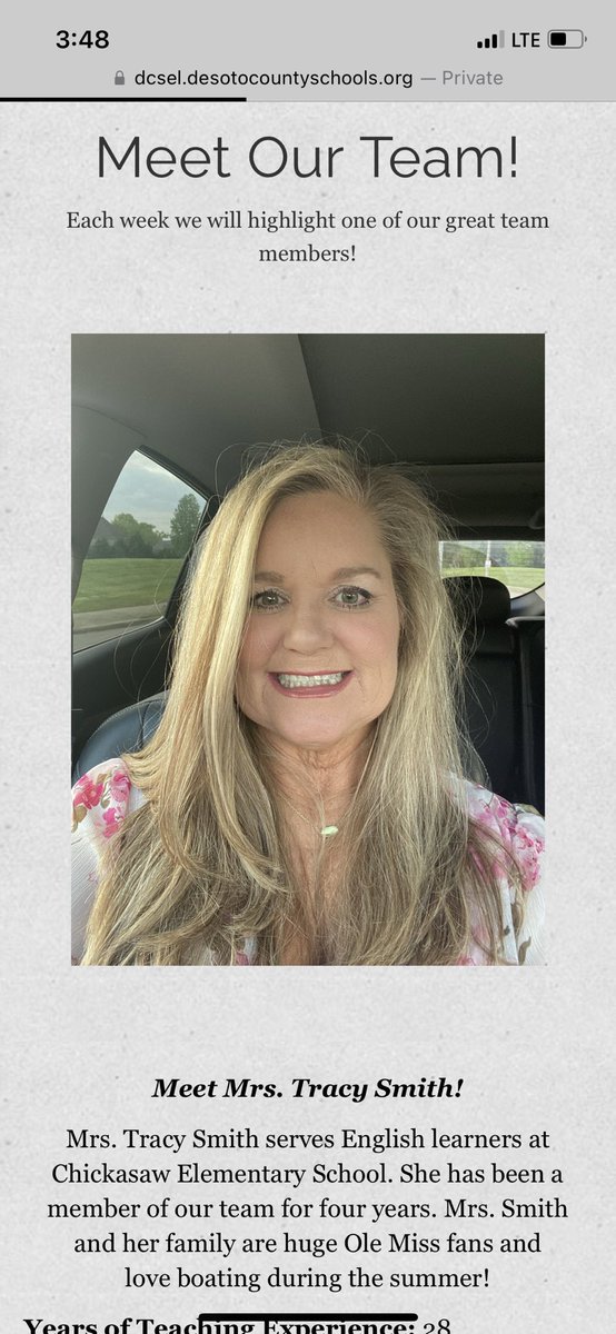 Meet Mrs. Tracy Smith!

Visit our website for our weekly teacher highlight &amp; other EL info! #TeamDCS