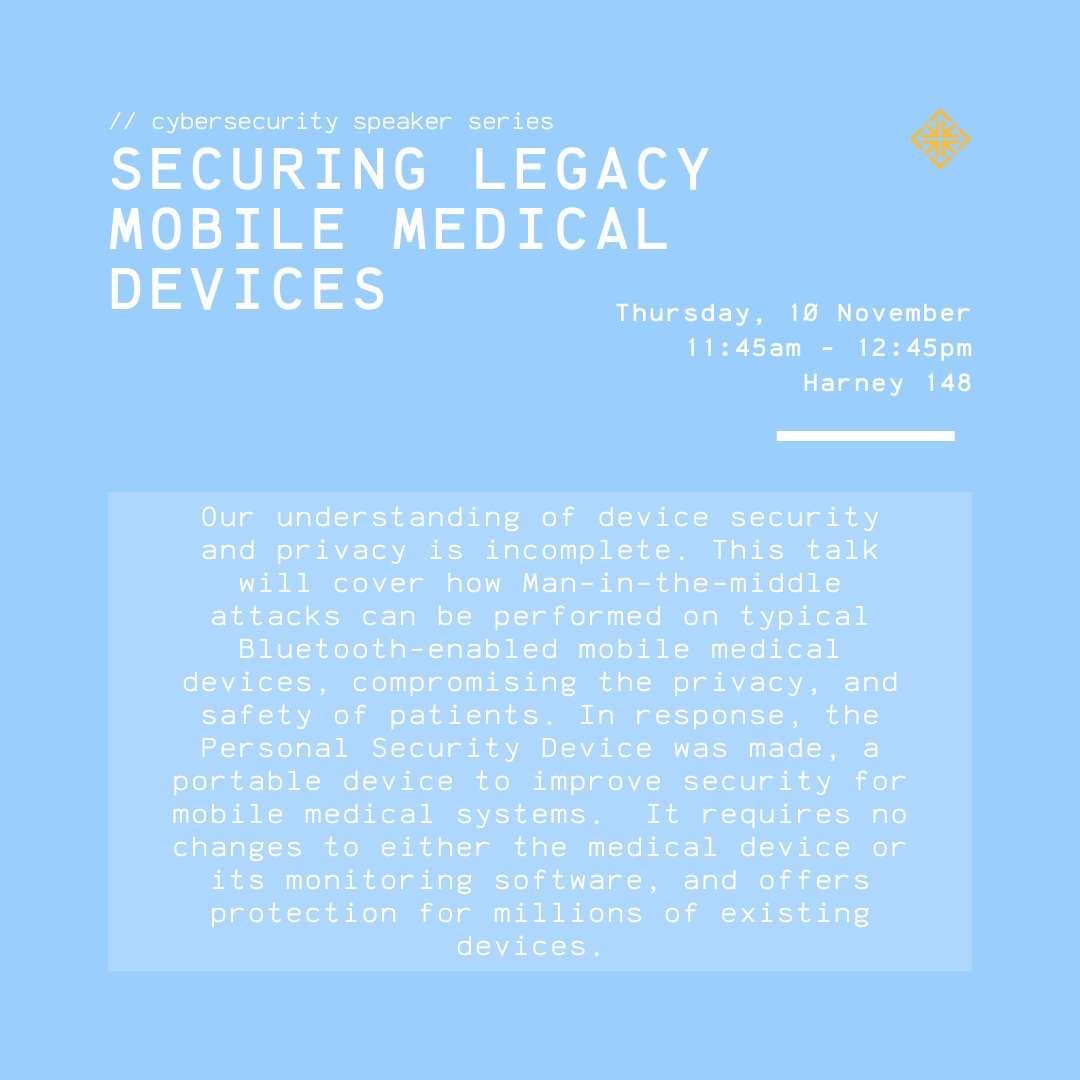 USF Women in Tech (@wit_usf) on Twitter photo Cybersecurity Speaker Series | Securing Legacy Mobile Medical Devices
Professor Vahab Pournaghshband
TUES, 10 Nov.
11:45am - 12:45pm
Harney 148
<a href="/craignewmark/">craig newmark</a> Cybersecurity Speaker Series | Securing Legacy Mobile Medical Devices
Professor Vahab Pournaghshband
TUES, 10 Nov.
11:45am - 12:45pm
Harney 148
<a href="/craignewmark/">craig newmark</a>