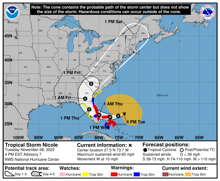capitalweather's tweet photo. Tropical storm #Nicole is strengthening. Peak winds leaped from 45 to 65 mph today. Odds increasing it strikes Florida as hurricane in 30-36 hrs. Mandatory evacuation orders issued for vulnerable coastal zones in Palm Beach + Volusia counties.
The latest: https://t.co/7JFEjJ19AJ https://t.co/d78shAB3Hb