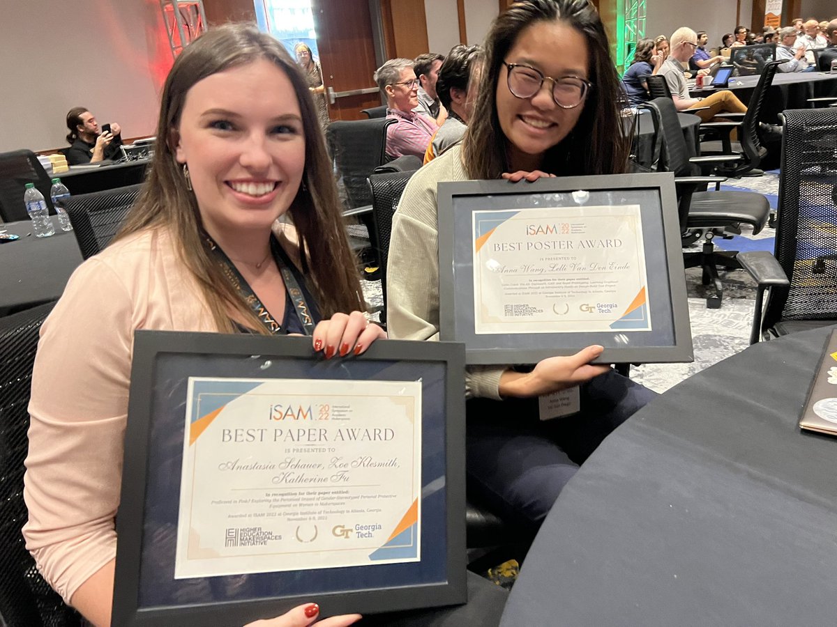 Lucky to be seated at the #ISAM2022 winners table with BOTH Anastasia Schauer (best paper) and Anna Wang (best poster)!! Congrats ladies of <a href="/MEGeorgiaTech/">Georgia Tech ME</a> and <a href="/UCSDJacobs/">UCSD Engineering</a> Fantastic research on #inclusivity in #highered #makerspaces