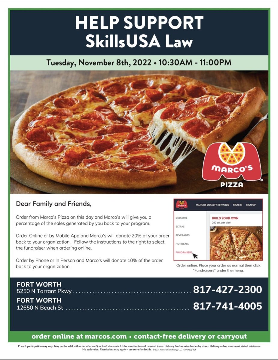 KCAL_Law's tweet photo. Any dinner plans? Please support the @KCAL_KISD SkillsUSA Law CTSO fundraiser at Marco's Pizza today! Use the code SKILLS when ordering online. #CTEinKISD https://t.co/jkofbzTsqg