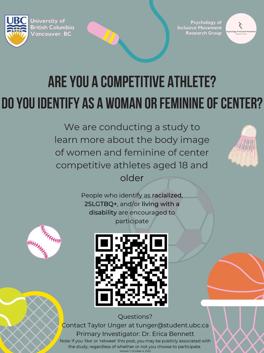New <a href="/UBC/">University of British Columbia</a> research is looking for women &amp; feminine of center athletes over the age of 18 who participate in competitive sports to participate in a study to understand their positive body image experience.

Share with people you know who might be interested: ubc.ca1.qualtrics.com/jfe/form/SV_4J…