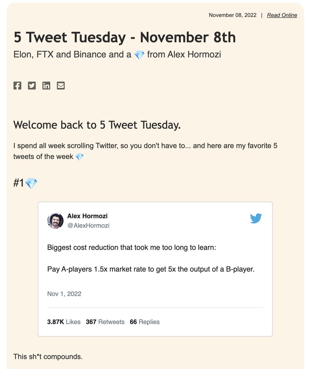 benteller's tweet image. Just got the 5 Tweet Tuesday by @ShaanVP and I must say it looks SUPER CLEAN. Was wondering what the difference was, but then saw they just switched to @beehiiv.

For me, when you subscribe to so many newsletters, it's the little things that make a big difference 🔥