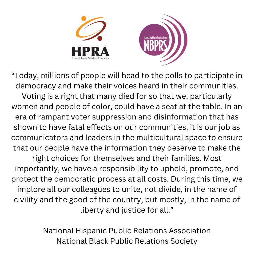 Joint statement from <a href="/HPRAUSA/">Hispanic Public Relations Association</a> and <a href="/NBPRS/">NBPRS</a> Council of Presidents regarding public relations industry professionals who are pushing an online call to action for Black and Brown communities to boycott the midterm election and #HoldTheVote.