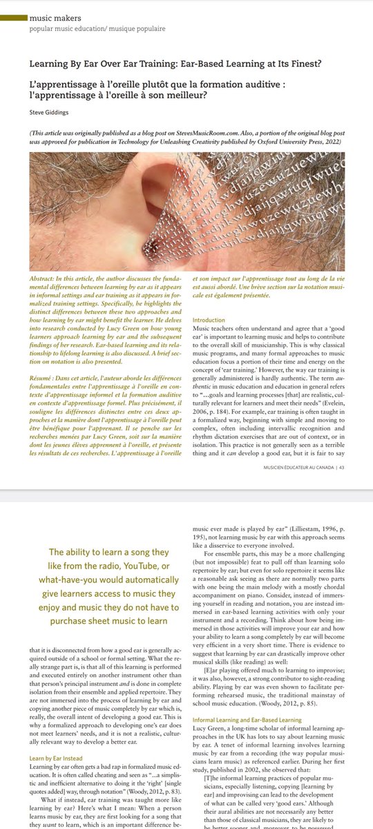 StevesMusicRoom's tweet photo. My latest article in the @CanadianMEA Journal on learning by ear and ear training. Check it out in the journal (64-1) or read the original published on my website.
#musiced #popmused #musiceducation #learnbyear https://t.co/q98zrVwtek